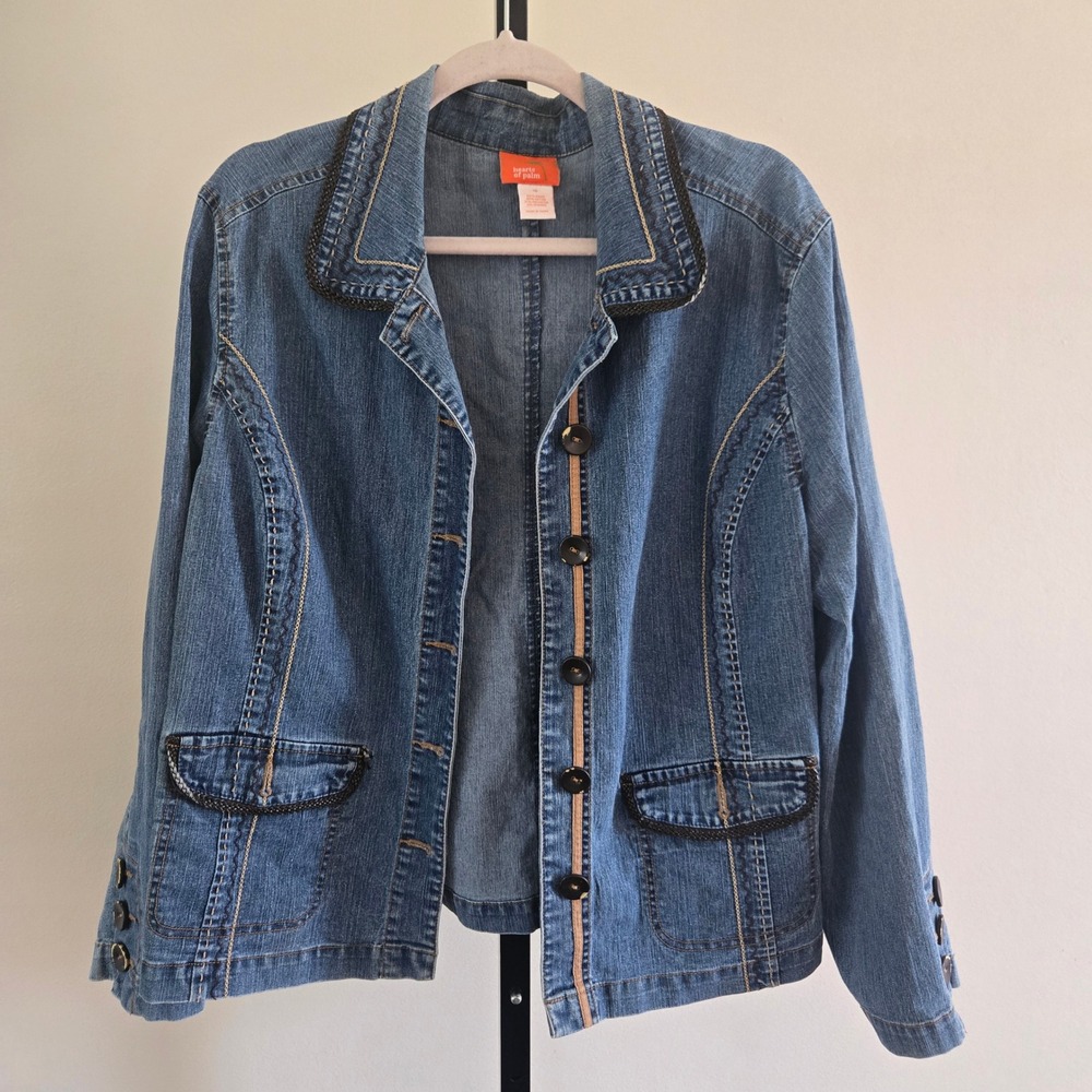 Hearts of Palm Women Blue Denim Jacket Braided Trim Embroidered Size 16 Blazer
